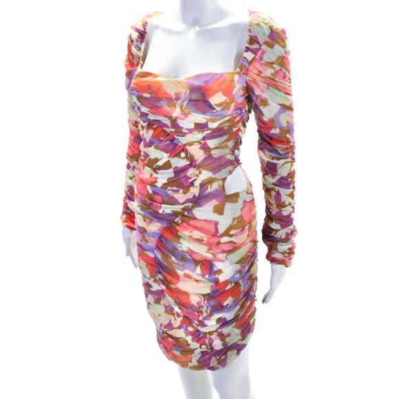 Nicholas Maleah Watercolor Floral Mesh Ruched Cocktail Dress 8 $395 - Picture 6 of 12
